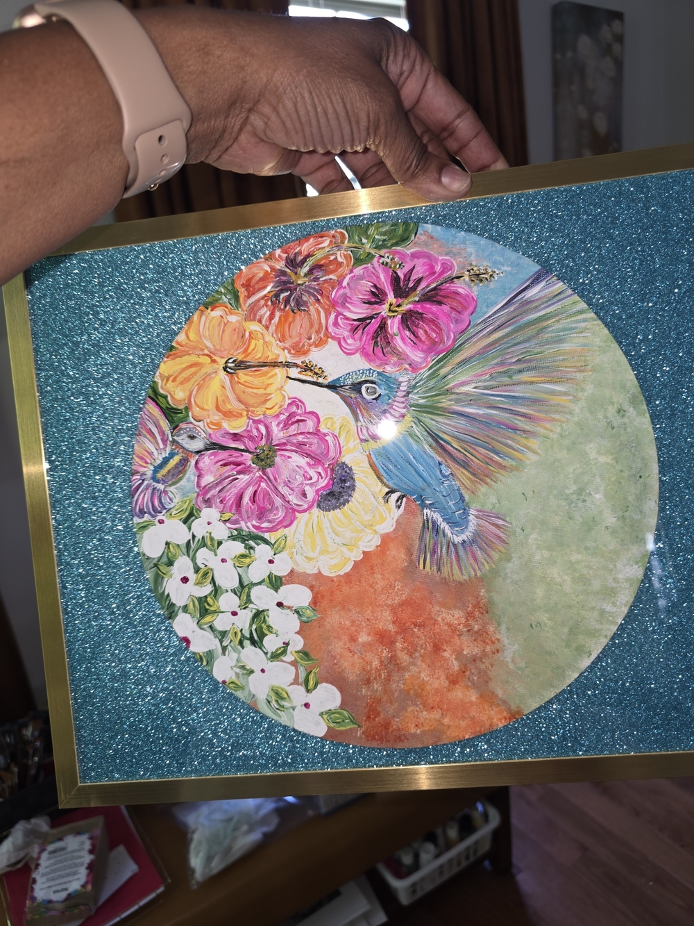 Colorful Hummingbird Floral Wall Art - Teal Sparkle Frame
